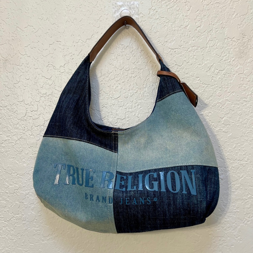True Religion Patchwork Denim Hobo Bag Blue Logo Buddha Streetwear NEW